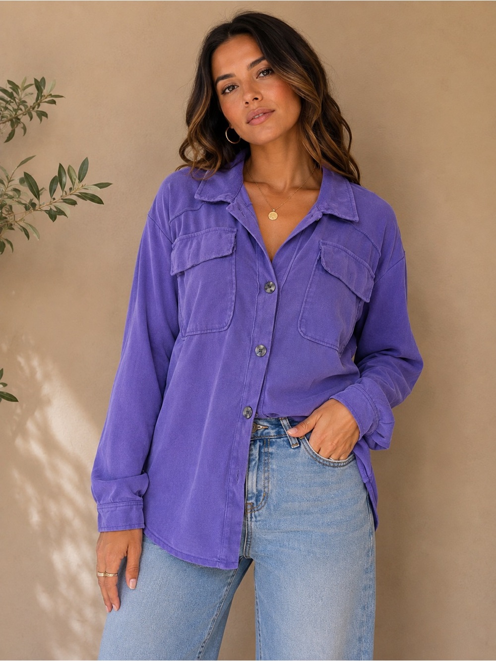 Maurices Purple Oversized Button Down Shacket Utility Pocket Casual Boho Top
